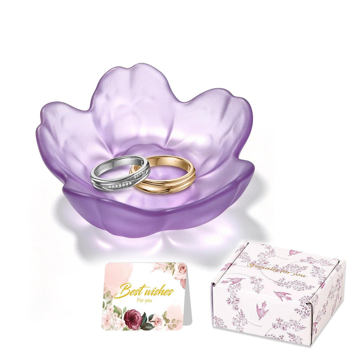 Purple Flower Jewelry Dish Glass Ring Holder Dish Jewelry Tray Cute Vanity Organizer Aesthetic Nightstand Bathroom Room Decor Trinket Dish Mothers Day Friendship Christmas Birthday Gifts for Women