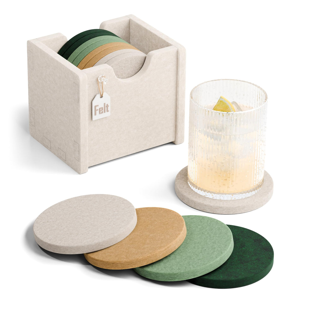 Fluxynara Felt Coasters with Holder, Set of 8 for Drinks, Oatmeal