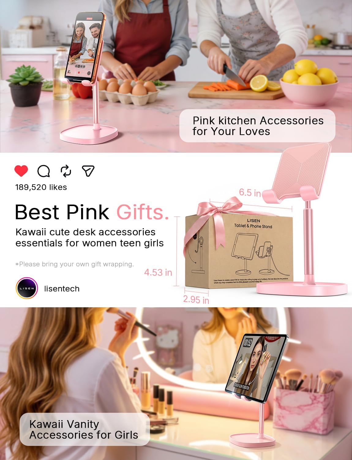LISEN Cell Phone Stand iPhone Holder for Desk, Pink Gifts for Women Girls