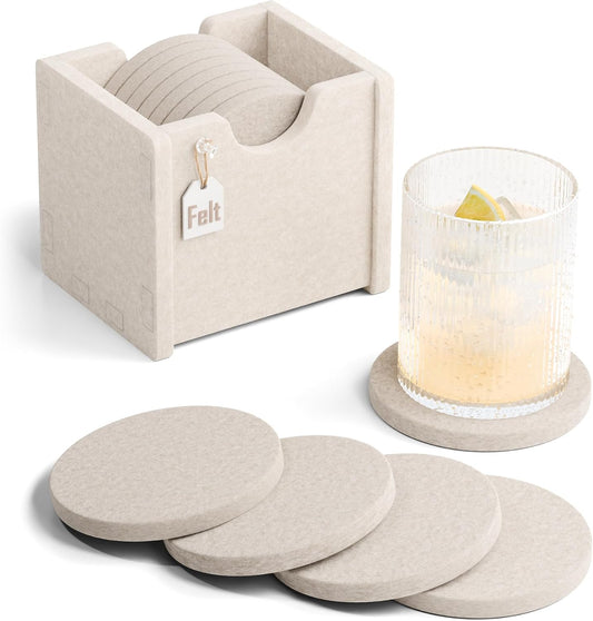 Fluxynara Felt Coasters with Holder, Set of 8 for Drinks, Oatmeal