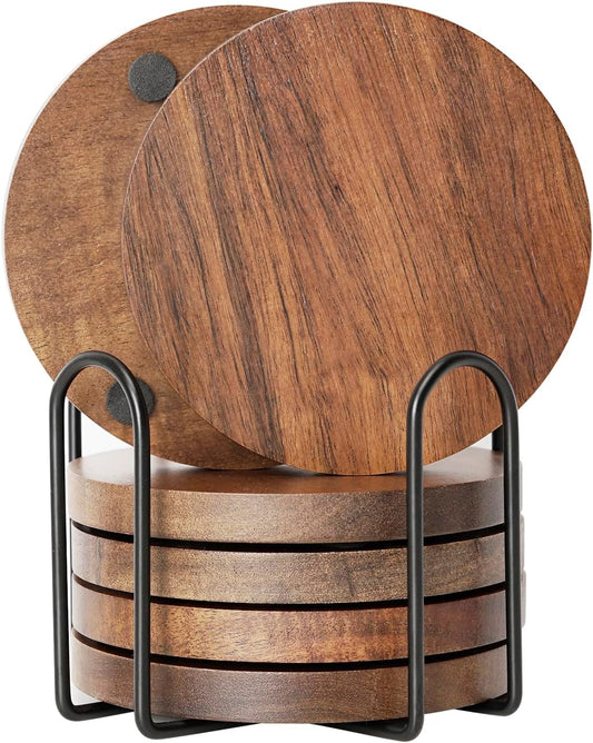 Acacia Wood Coasters for Drinks with Holder Set of 6, Brown Wooden Drink Coasters for Tabletop Protection Coffee Dining Table Desk Home Christmas Decor Round with Non-Slip Pad Cup Coasters
