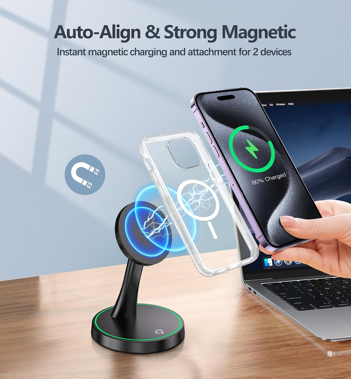 Magnetic Wireless Charger Stand 15W Fast Mag-Safe Charger for iPhone 17/17 pro/ 17 Air/ 17 pro max 16/15/14/13/12 Series Magnet Wireless Charging Station/Pad with Sleep-Friendly Light for AirPods
