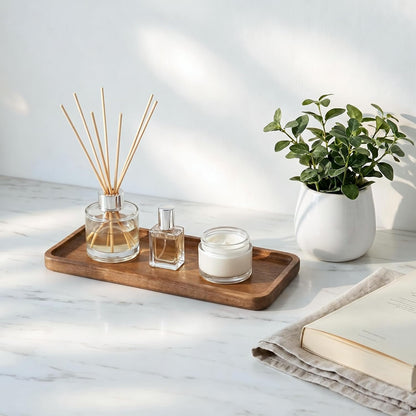 Small Acacia Wood Serving Tray, Wooden Decorative Tray for Coffee Table, Kitchen, Bathroom Counter - Rectangular Wood Platter for Candles, Perfume, Snacks (11.4 x 4.1 x 0.6 in)