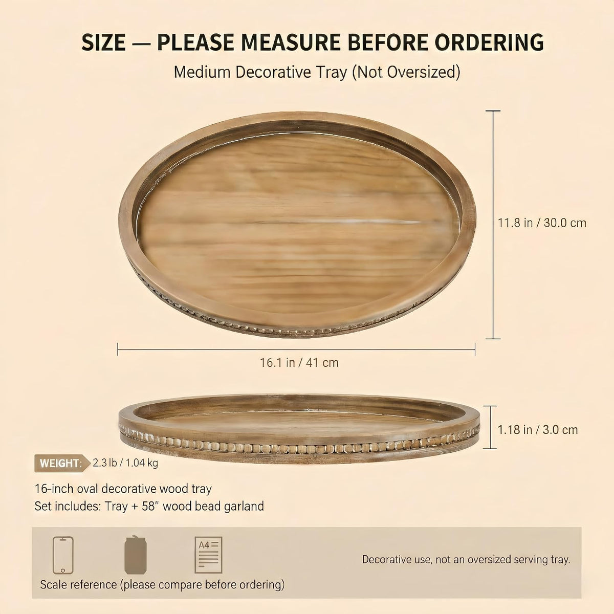 Relaxing Garden Oval Wood Decorative Tray, 16.1 x 11.8 in, Bead Garland
