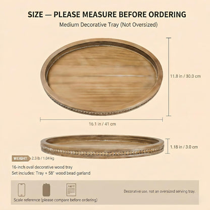 Relaxing Garden Oval Wood Decorative Tray, 16.1 x 11.8 in, Bead Garland