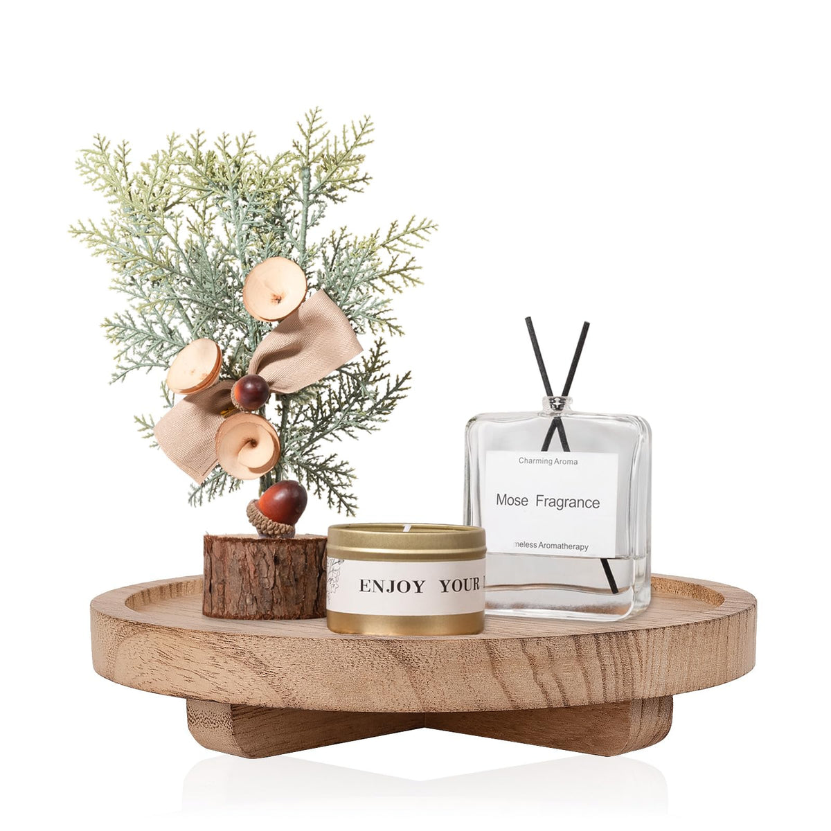 Round Decorative Tray Wood Bathroom Counter Organizer Farmhouse Kitchen Decor Wooden Riser for Soap Dish, Perfume, Candle, Sponge, 10" - Brown