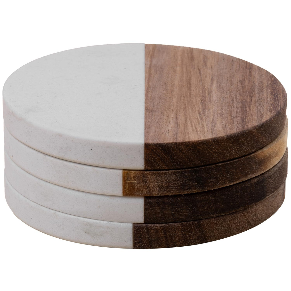 Marble Coasters: 4-piece Set of Acacia Wood Marble Coasters, Suitable for Kitchens, Offices, and can be Used as Gifts (Round White)
