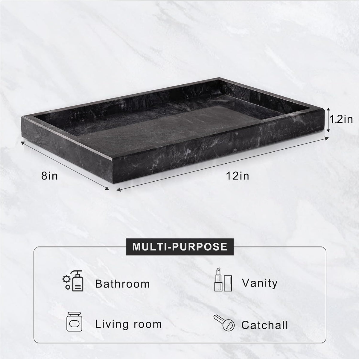Marble Bathroom Tray for Countertop & Home Decor, Natural Decorative Marble Tray for Jewelry & Perfume Organizer, Luxury Stone Vanity Trays for Dresser, Kitchen Counter, 12" x 8", Gray Black