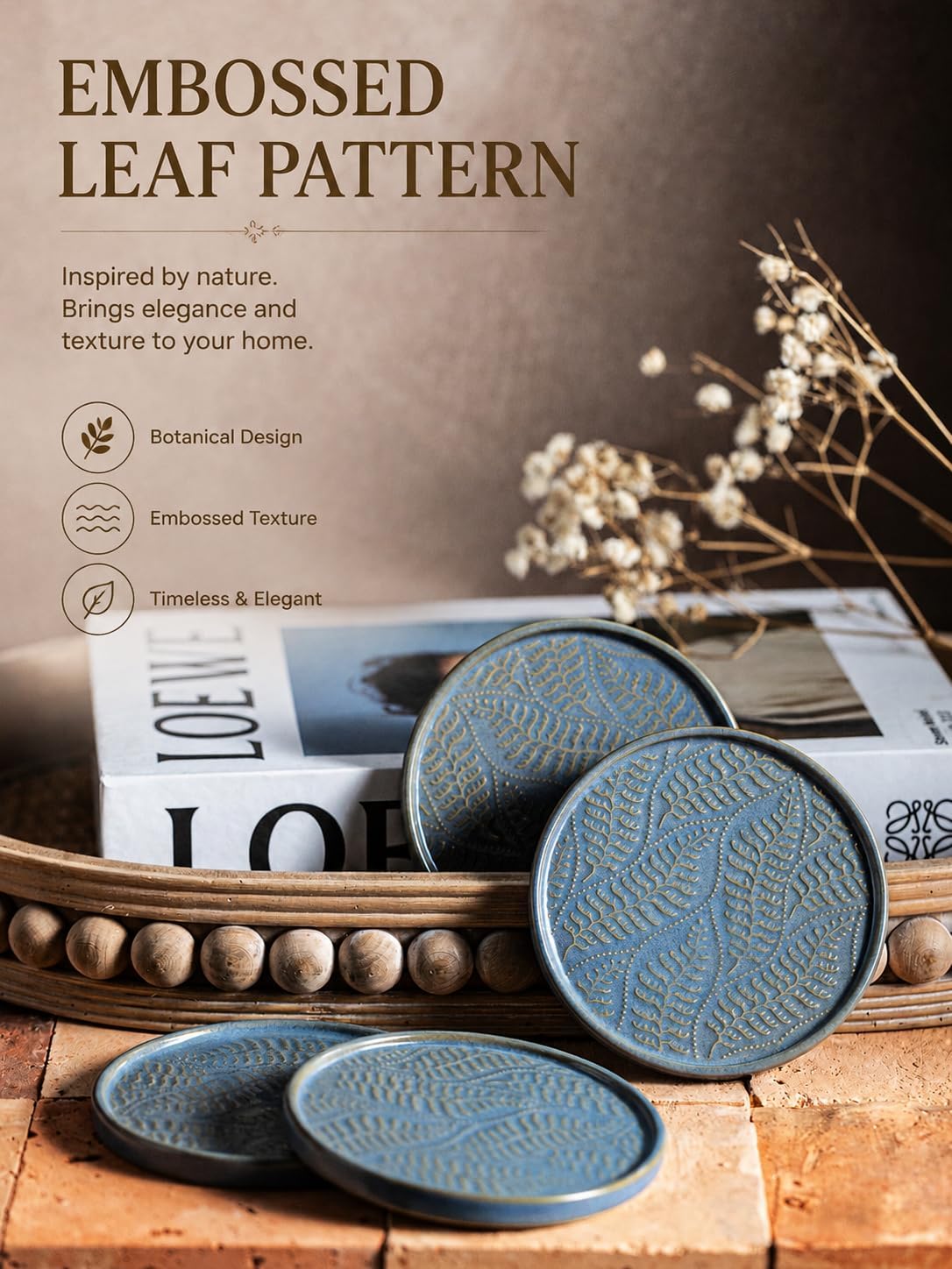 Drink Coasters Set of 6, Ceramic Cup Coasters for Desk, Slate Blue
