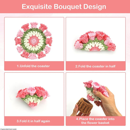 Flower Crochet Coasters Set of 2, Handmade Drink Coasters with Plant Pot Holder, Cute Coasters for Desk or Coffee Table, Floral Home Decor