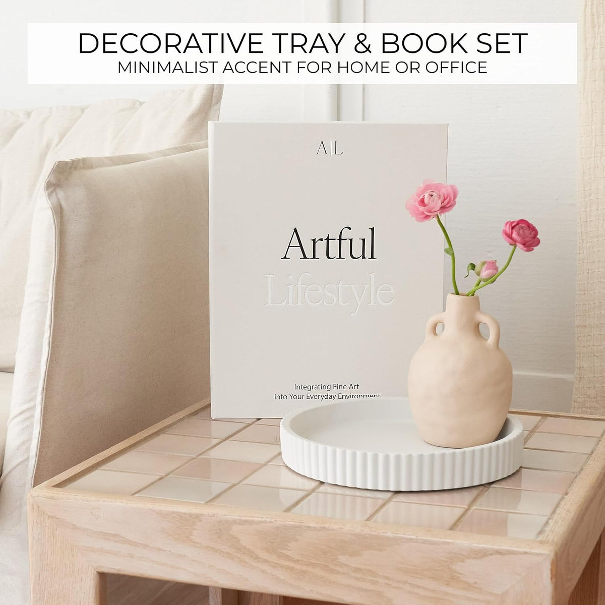 Decorative Concrete Tray & Book Decor Set - Scalloped Tray & Linen Box