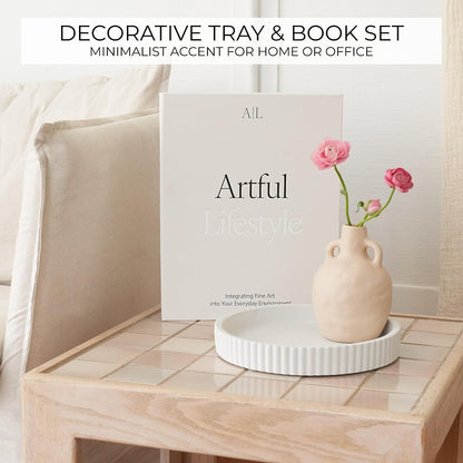 Decorative Concrete Tray & Book Decor Set - Scalloped Tray & Linen Box