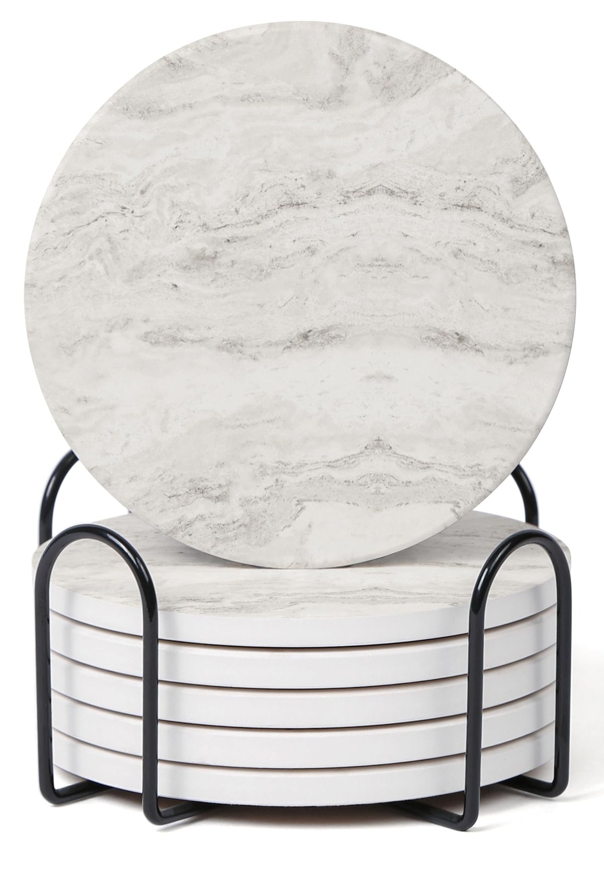 Set of 6 Sage Green Abstract Onyx Marble Coasters with Holder, Absorbent Ceramic Coasters for Drinks, Coasters with Cork Backing for Table Protection, Coffee Table Decor