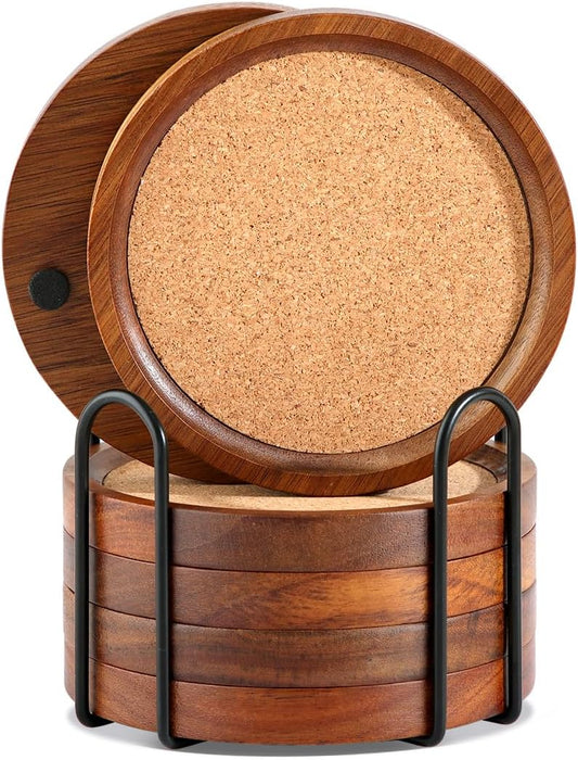 WLWNWFT Wood Cork Coasters for Drinks Absorbent with Holder, Large Wooden Coaster for Coffee Table, Cork Coaster for Wooden Table Decor New Home Gifts Mom's Day - Rustic 4.72Inch