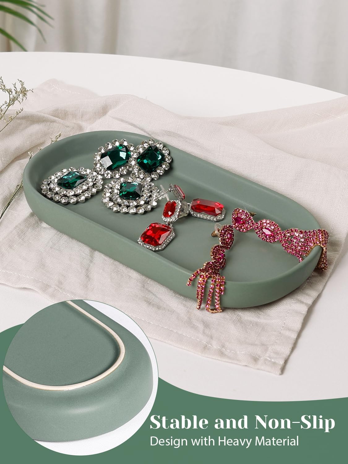INGOFIN 7" Ceramic Bathroom Vanity Tray Set- 2 Pcs Bathroom Organizer Countertop Tray for Perfume, Jewelry, Small Kitchen Counter Soap Tray, Decorative for Bathroom Vanity and Toilet Tank, Green