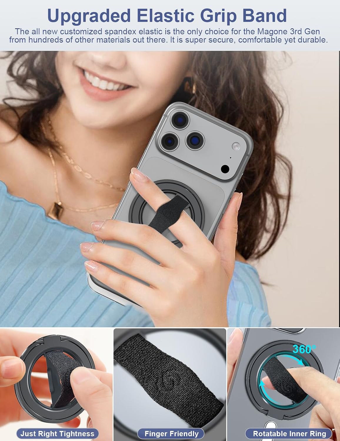 EWA MagOne 3rd Gen [Compatible with MagSafe] Phone Grip Stand with Finger Strap, Removable Magnetic Ring Holder Kickstand Loop for iPhone 17,16,15,14,13,12 Series (Black)