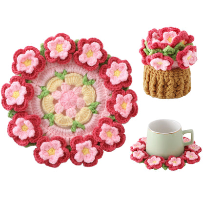 Crochet Flower Coasters, Handmade Bouquet Coasters with Crochet Plant Pot (Pink, 1Pc)