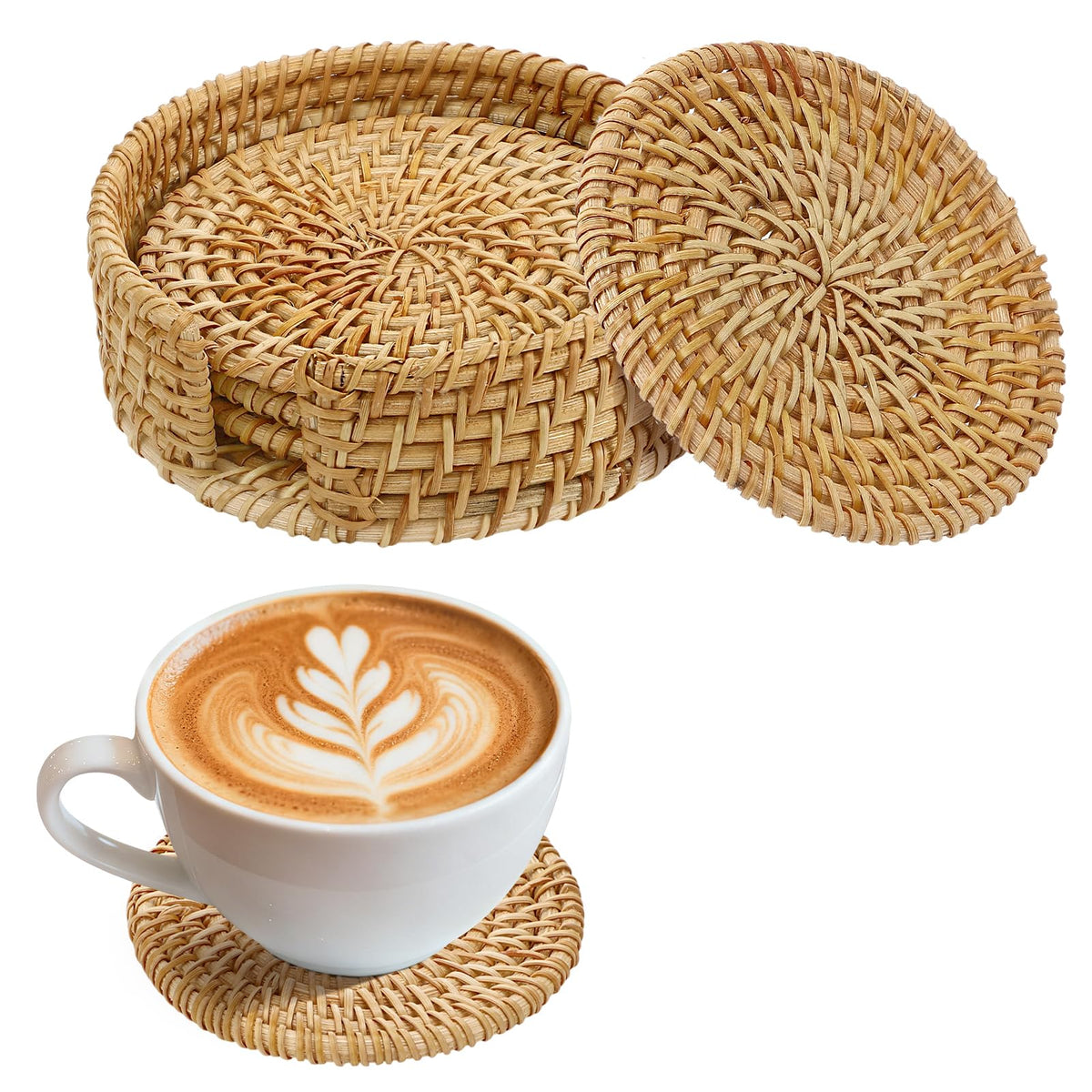Handmade Nature Rattan Coasters Set of 6 with Holder, Fall Home Table Decor