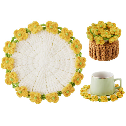 Crochet Flower Coasters, Handmade Bouquet Coasters with Crochet Plant Pot (Pink, 1Pc)