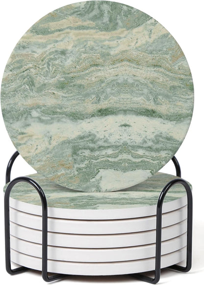 Set of 6 Sage Green Abstract Onyx Marble Coasters with Holder, Absorbent Ceramic Coasters for Drinks, Coasters with Cork Backing for Table Protection, Coffee Table Decor