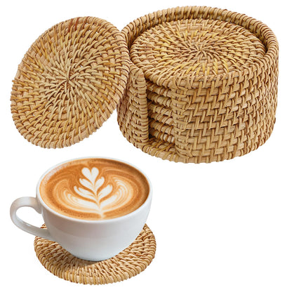 Handmade Nature Rattan Coasters Set of 6 with Holder, Fall Home Table Decor