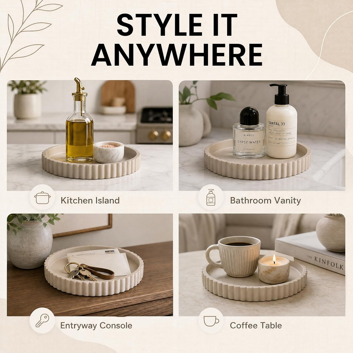 11-Inch Concrete Round Tray Home Decor for Coffee Table Decor - Round Coffee Table Tray - Circular Kitchen Island Trays - Decorative Trays- Beige