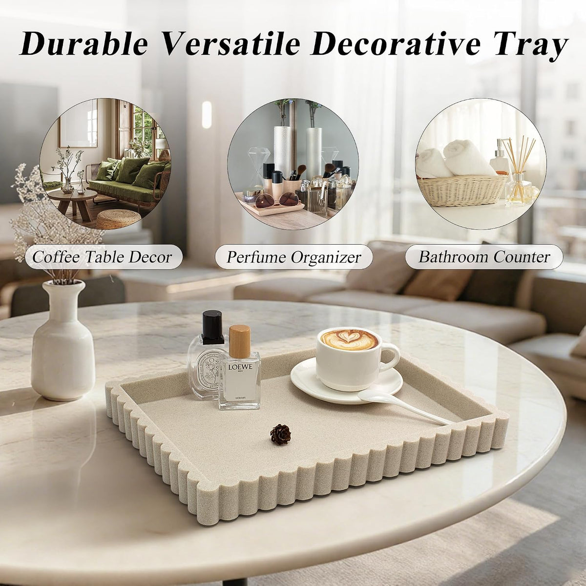 YMXYJM Decorative Tray for Coffee Table, Modern Tray Decor, 14" Beige Resin