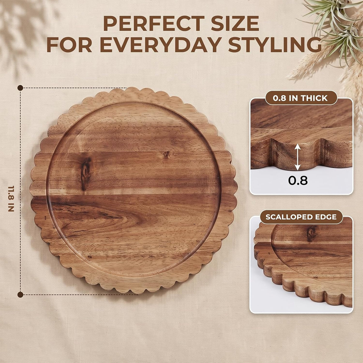 Solid Acacia Wood Decorative Tray, 12 Inch Round Scalloped Wood Tray Wooden Coffee Table Tray