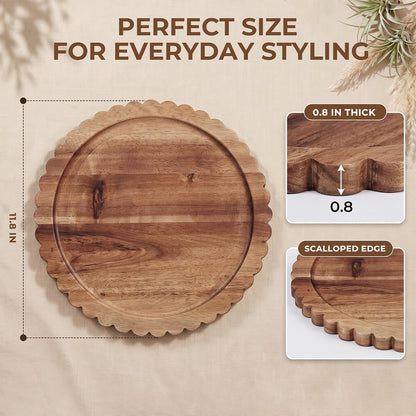 Solid Acacia Wood Decorative Tray, 12 Inch Round Scalloped Wood Tray Wooden Coffee Table Tray