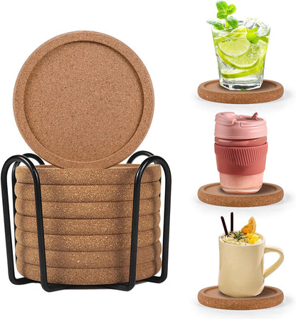 Cork Coasters for Drinks Set of 8 with Holder, 4 in Diameter