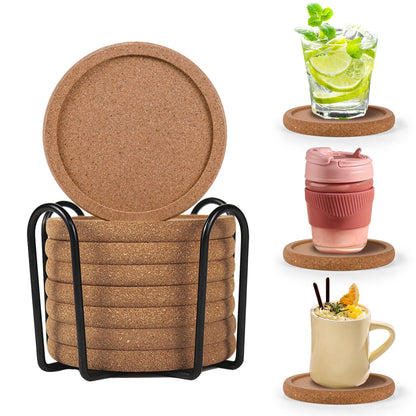Cork Coasters for Drinks Set of 8 with Holder, 4 in Diameter