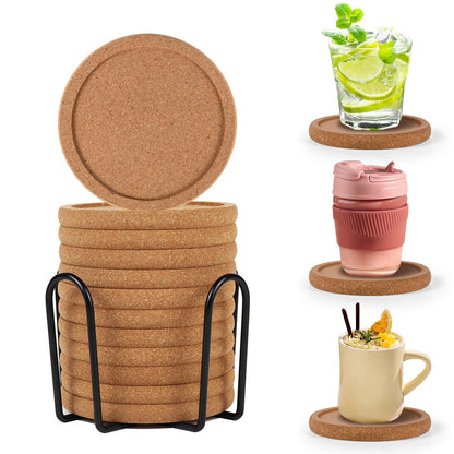 Cork Coasters for Drinks Set of 8 with Holder, 4 in Diameter