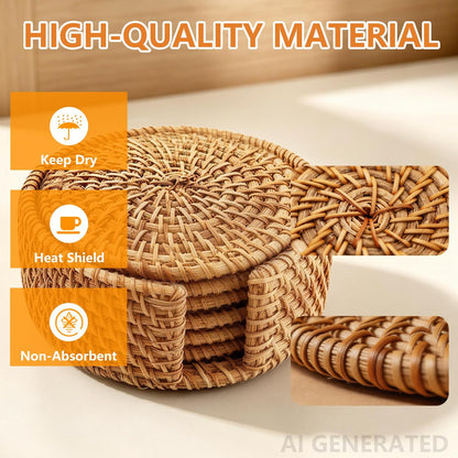 6PCS Natural Handmade Rattan Coasters with Holder - Wicker Drink Coasters Set, Housewarming Gifts Coastal Decoration Boho Coasters