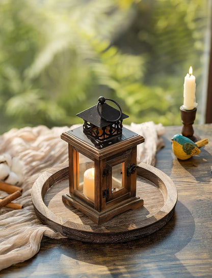 Hanobe Round Wooden Candle Holder Trays for Coffee Table, Distressed Finish