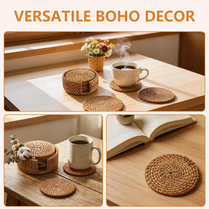 6PCS Natural Handmade Rattan Coasters with Holder - Wicker Drink Coasters Set, Housewarming Gifts Coastal Decoration Boho Coasters