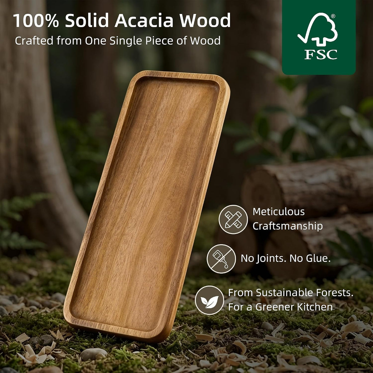 Small Acacia Wood Serving Tray, Wooden Decorative Tray for Coffee Table, Kitchen, Bathroom Counter - Rectangular Wood Platter for Candles, Perfume, Snacks (11.4 x 4.1 x 0.6 in)