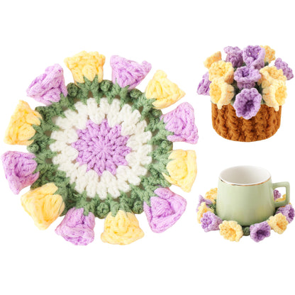 Crochet Flower Coasters, Handmade Bouquet Coasters with Crochet Plant Pot (Pink, 1Pc)