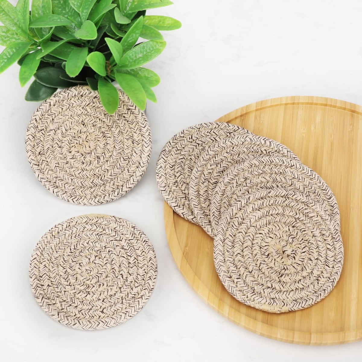 ABenkle 8 Pcs Drink Coasters with Holder, Cotton Woven Absorbent Coasters for Drinks, Minimalist Home Decor Coaster Set for Wooden Tabletop Protection Table, 4.3 inches Mixed Brown
