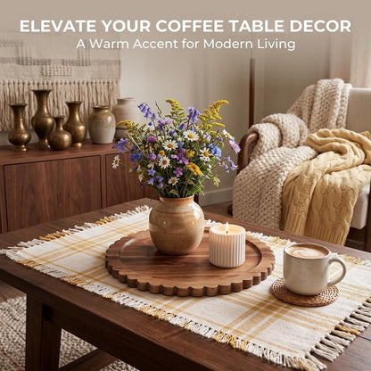Solid Acacia Wood Decorative Tray, 12 Inch Round Scalloped Wood Tray Wooden Coffee Table Tray