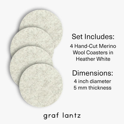 Graf Lantz - Bierfilzl Merino Wool Round Coasters Set of 4 - Heather White (4" Circles) - Absorbs 30% of Weight, German Wool - Heat Resistant, Sustainable, & Reusable - Home Decor & Coffee Table Decor
