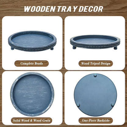 Handmade 12 Inch Decorative Tray, Small Beaded Tray Coffee Table Decor, Blue Decorative Display Risers for Coffee Table, Dining Room Entryway and Living Room