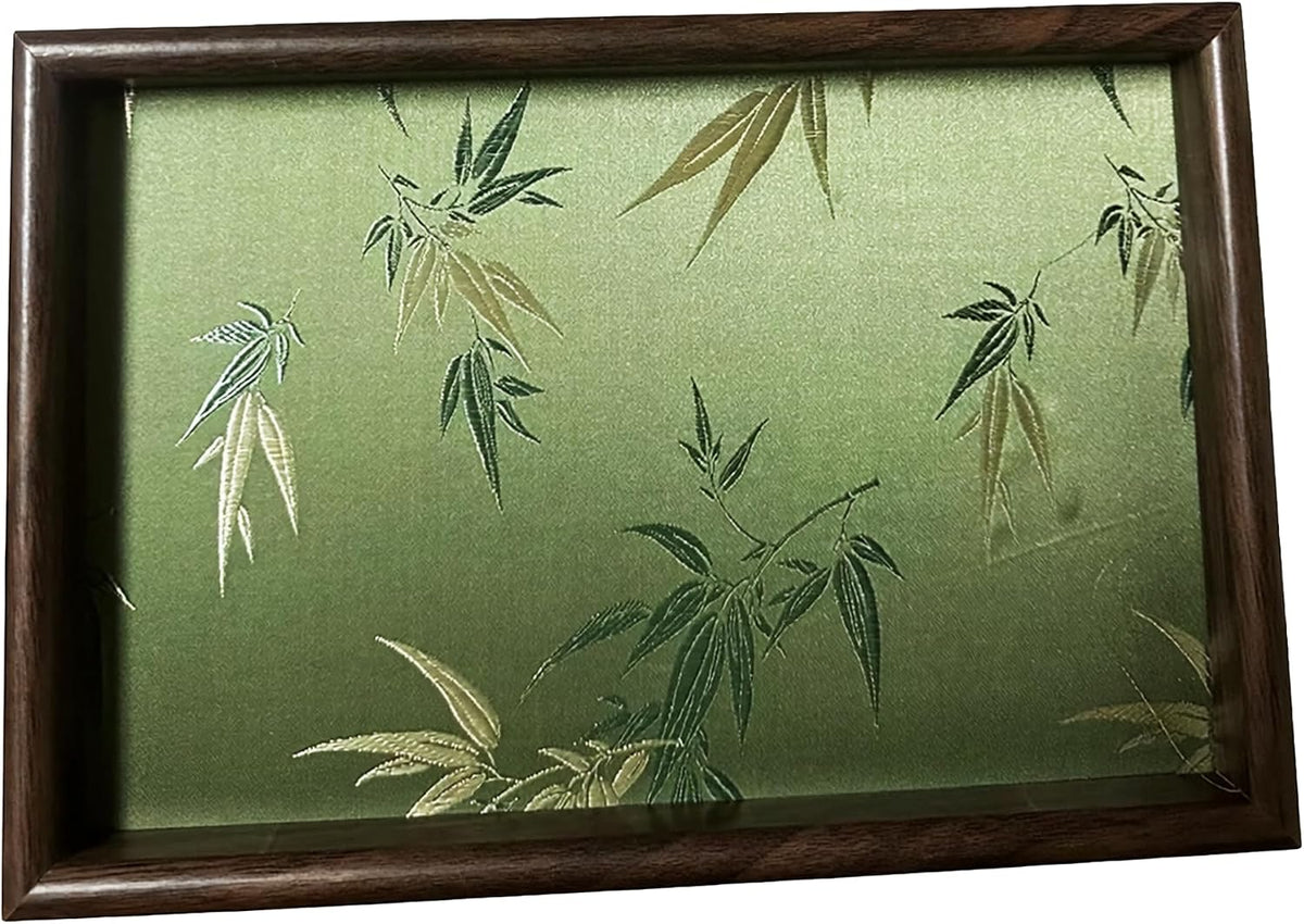 Bamboo Embroidered Decorative Tray Wooden Catchall Tray for Dresser, Nightstand, Entryway Table, Jewelry, Keys and Small Items