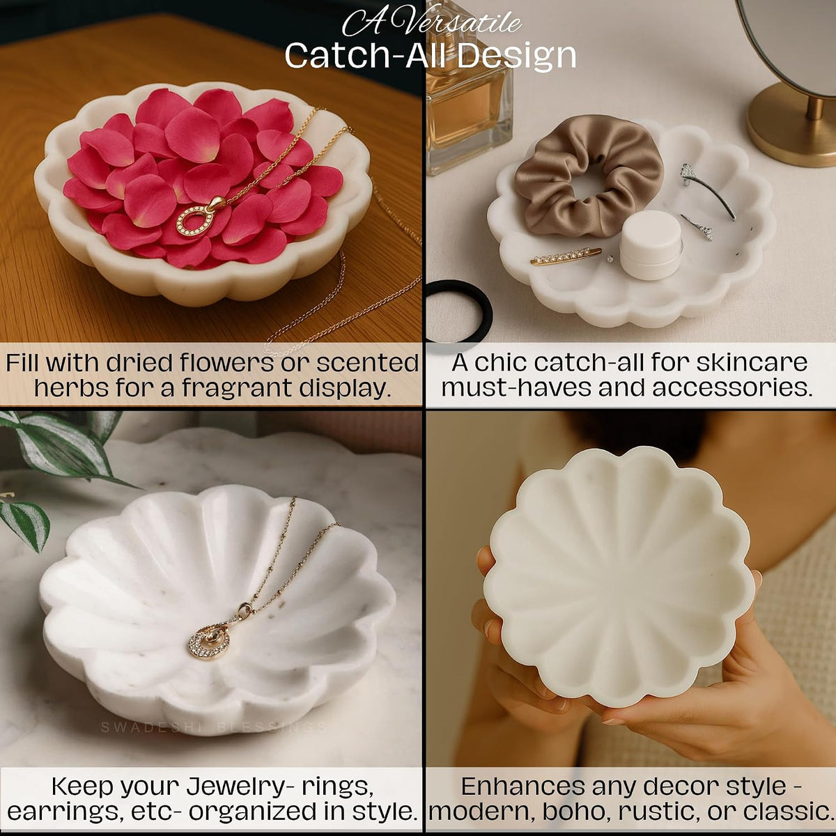 SWADESHI BLESSINGS HandMade Marble Jewelry Tray, Trinket Dish, Catch-all,5"