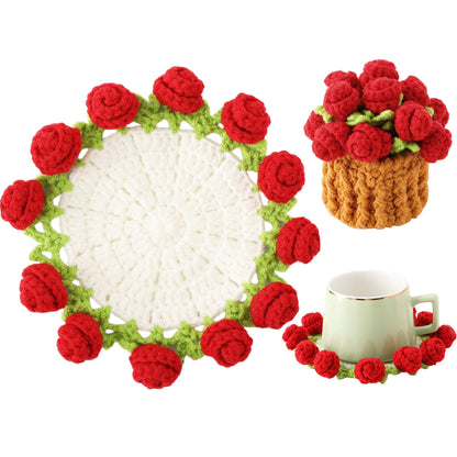 Crochet Flower Coasters, Handmade Bouquet Coasters with Crochet Plant Pot (Pink, 1Pc)