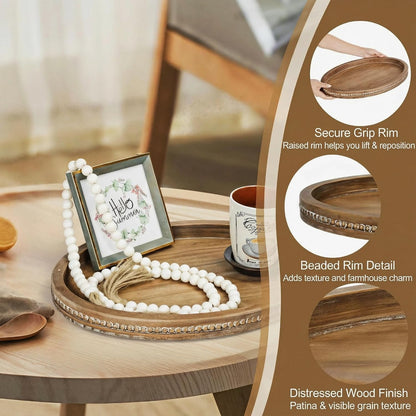 Relaxing Garden Oval Wood Decorative Tray, 16.1 x 11.8 in, Bead Garland