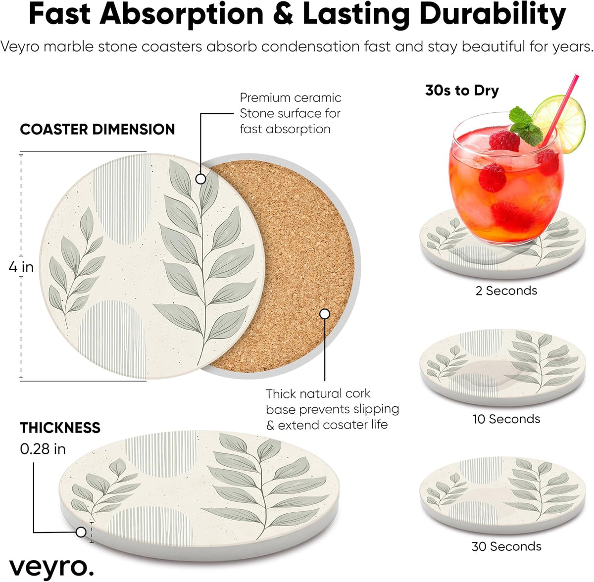 VEYRO Absorbent Ceramic Stone Drink Coasters Set of 6 with Holder