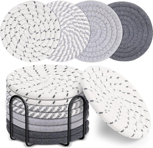 Mckanti 8 Pcs Drink Coasters with Holder, 4 Colors Absorbent Coasters, Minimalist Cotton Woven Coaster Set for Living Room Decor, Tabletop Protection Suitable for Kinds of Cups, 4.3 Inches