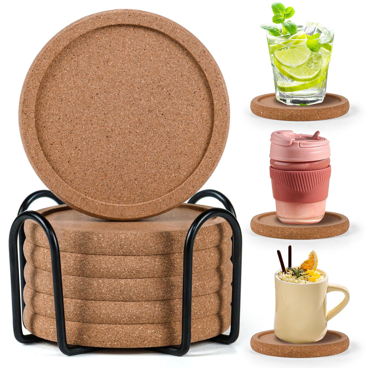 Cork Coasters for Drinks Set of 8 with Holder, 4 in Diameter