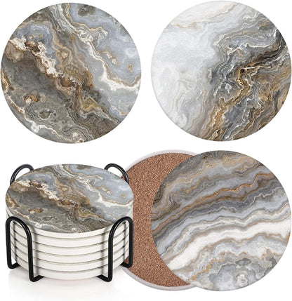 Britimes Coasters for Drinks, Set of 6, Ceramic Stone, Grey Marble
