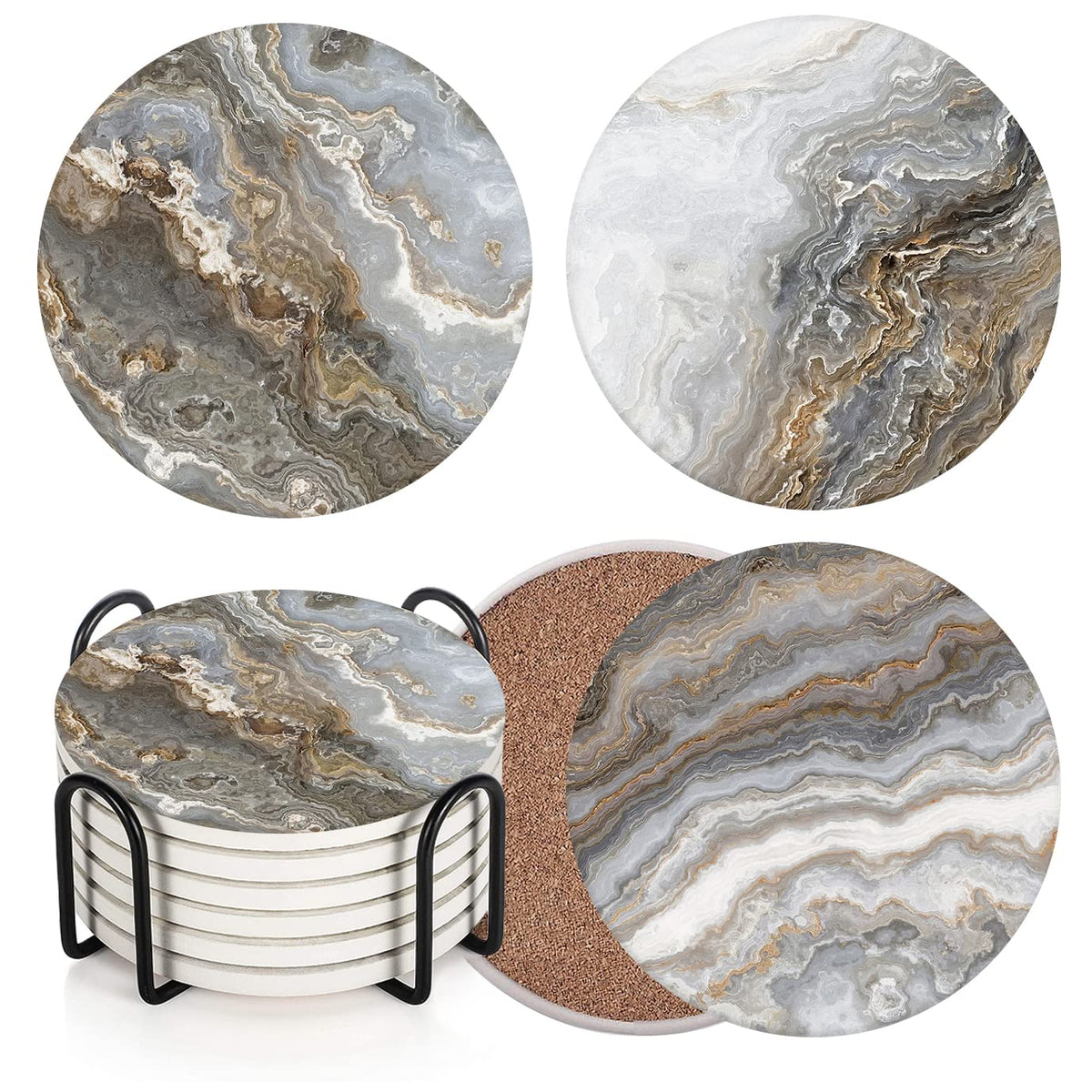 Britimes Coasters for Drinks, Set of 6, Ceramic Stone, Grey Marble